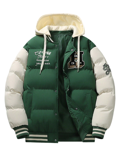Men’s Patchwork Baseball Jacket with Embroidery & Detachable Hood – Green Winter Outerwear
