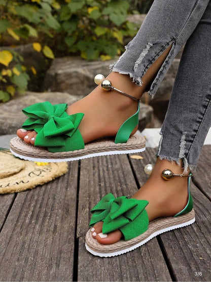 Women’s Bowknot Floral Flat Sandals for Summer Beach Wear