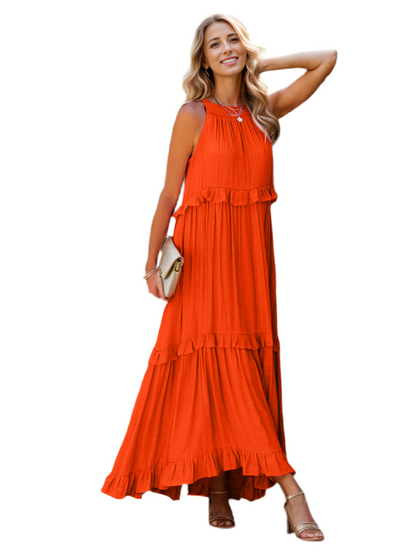 Ruffled Sleeveless Tiered Maxi Dress with Pockets