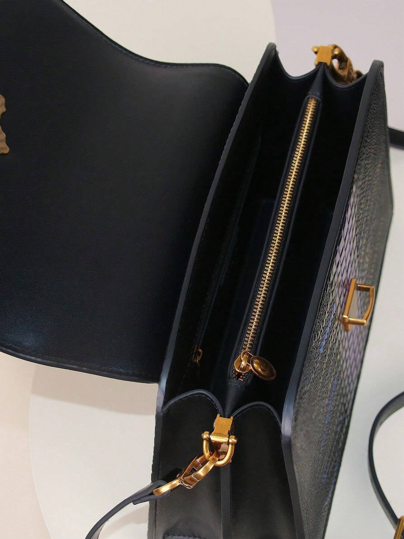 Luxury Custom 2025 New Vintage Women'S Handbag, Fashion Elaborate Luxurious Blue & Gold Snake Print Lock Ornament Tote Bag, Mature Style Shoulder & Crossbody Bag, Detachable Handle