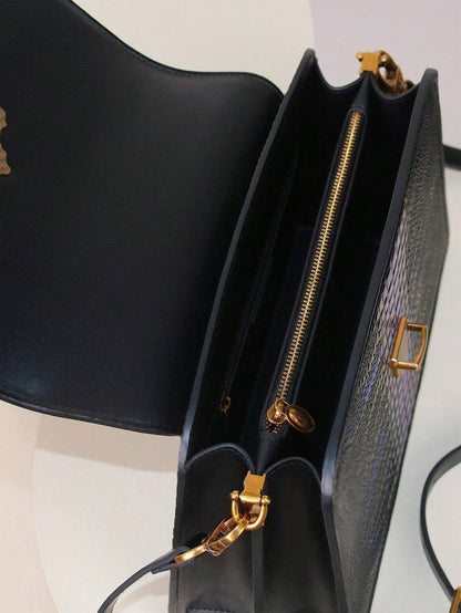 Luxury Custom 2025 New Vintage Women'S Handbag, Fashion Elaborate Luxurious Blue & Gold Snake Print Lock Ornament Tote Bag, Mature Style Shoulder & Crossbody Bag, Detachable Handle