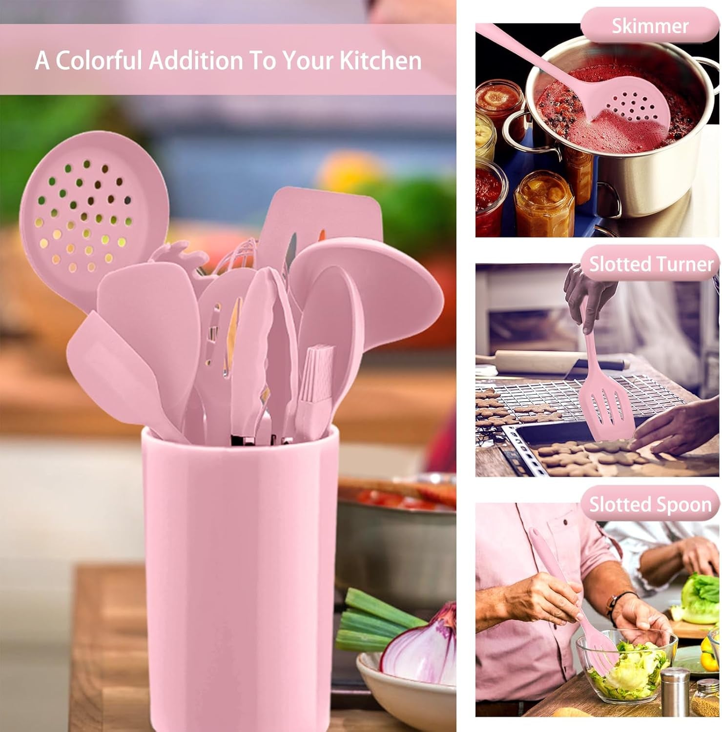 Silicone Kitchen Utensil Set,  12 Piece Cooking Utensils with Holder, Heat Resistant Kitchen Tools Spatulas Set for Cooking Baking Mixing, Safe for Non Stick Cookware - Pink