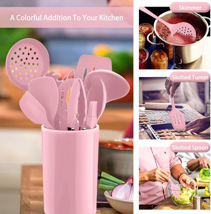 Silicone Kitchen Utensil Set,  12 Piece Cooking Utensils with Holder, Heat Resistant Kitchen Tools Spatulas Set for Cooking Baking Mixing, Safe for Non Stick Cookware - Pink