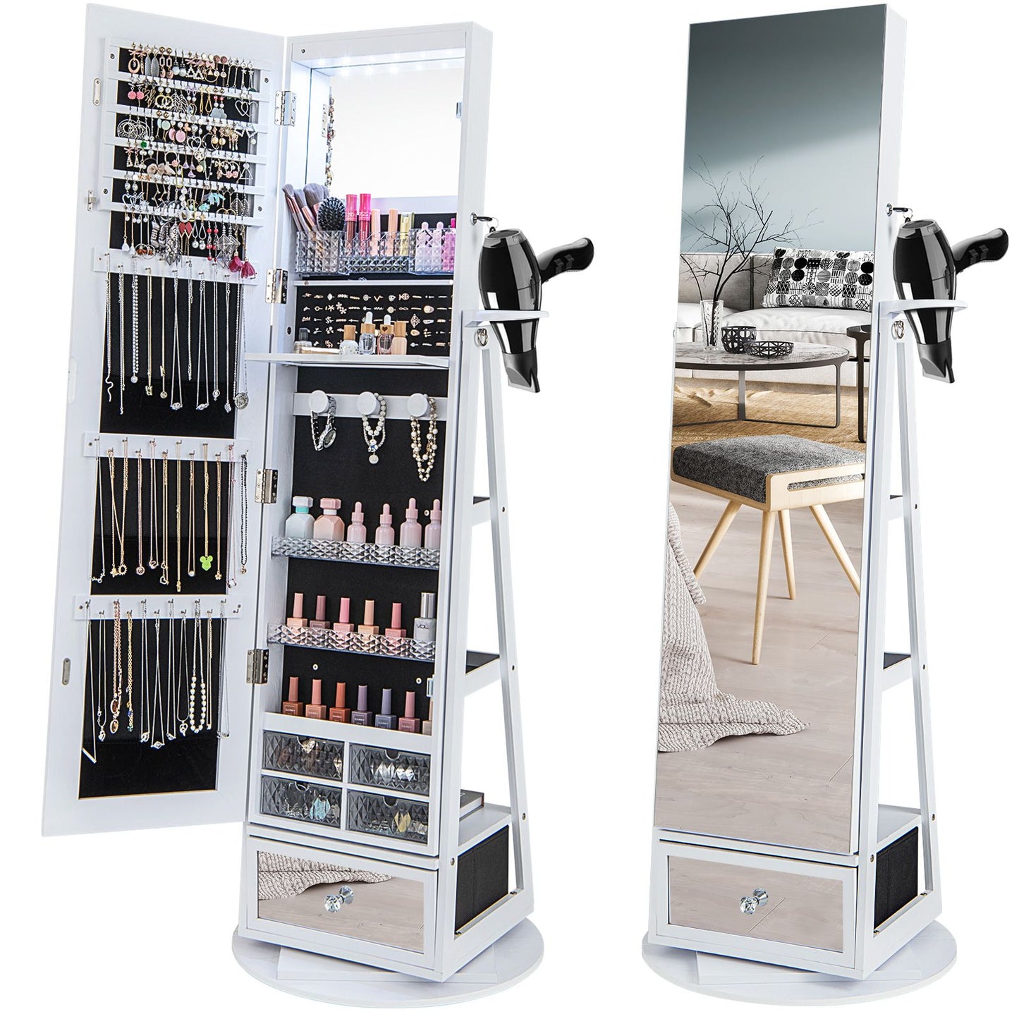 Lockable 360-Degree Rotating Jewelry Armoire with Full-Length Mirror