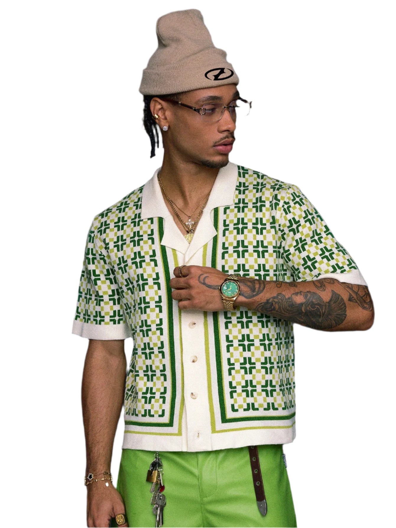 AXEPEAK Men'S Graphic Print Front Button Short Sleeve Knit Fall Sweater