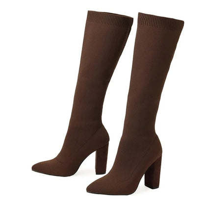 Green Women’s Cozy Knitted Knee-High Boots with Stretch Fabric and Square Heels for Autumn and Winter