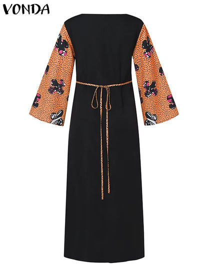 Women Long Maxi Dress Bohemian Printed Vestidos 2024 Vintage Crew Neck Flare Sleeve Party Vestidos Casual Loose Sundress