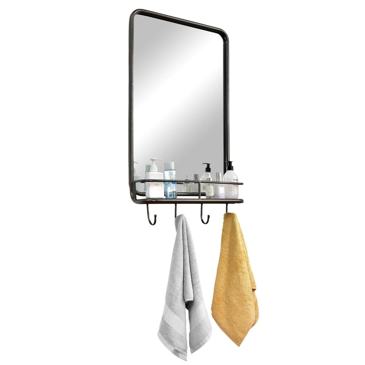 Rectangular Wall-Mounted Bathroom Mirror with Integrated Storage Shelf and Hooks System