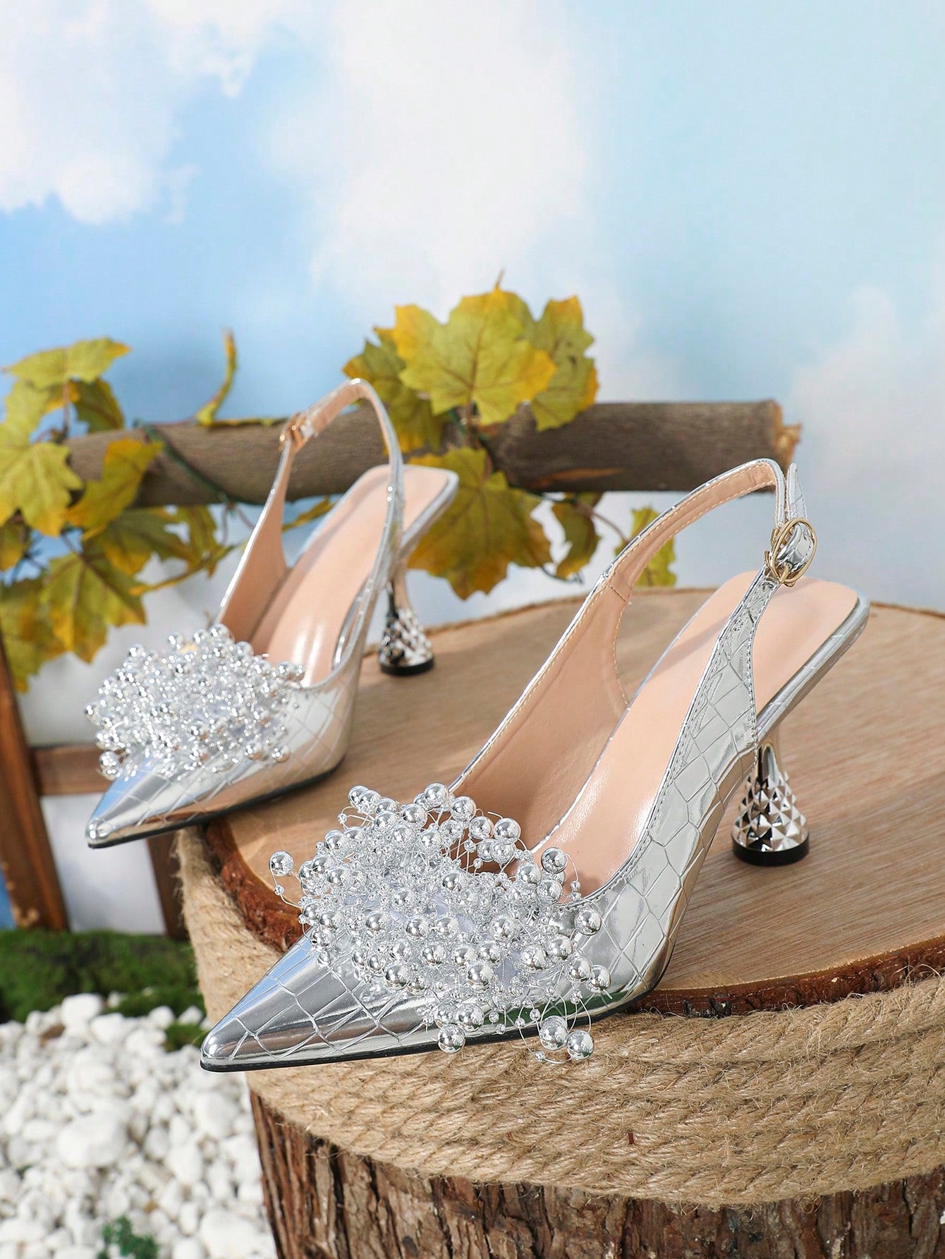 Pink Elastic Strap Back Rhinestone Women'S Sandals, Pointed Toe Backless Square High Heel Shoes, Unique Design