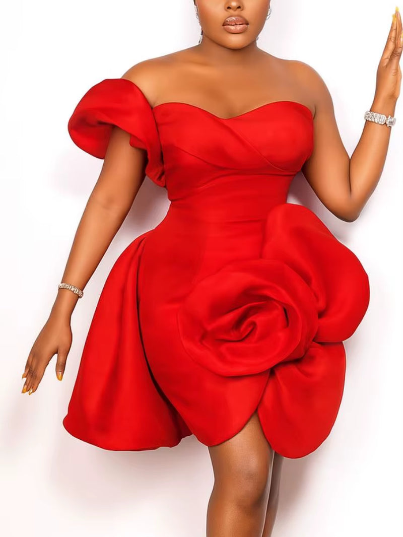 Women Sexy Tube Top Mini Dresses 3D Big Flower Party off Shoulder Bodycon Evening Wedding Guest Celebrate Event Home Coming New
