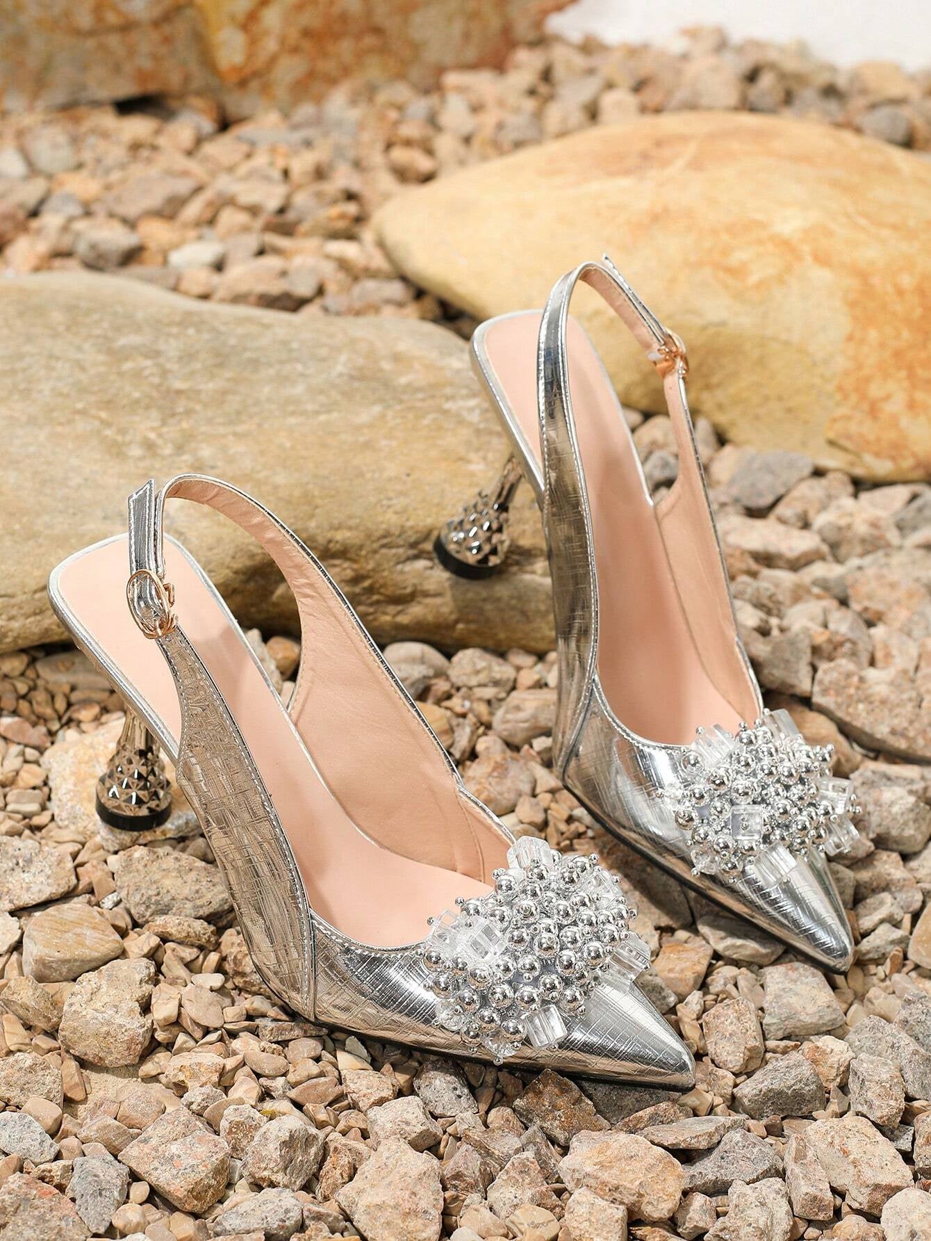 Pink Elastic Strap Back Rhinestone Women'S Sandals, Pointed Toe Backless Square High Heel Shoes, Unique Design