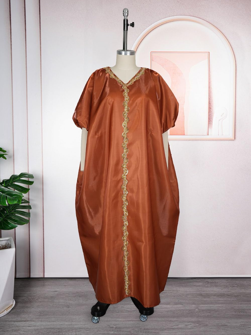 African Print Boubou Dress for Woman Rhinestone Kaftan Casual Gown Half Sleeves