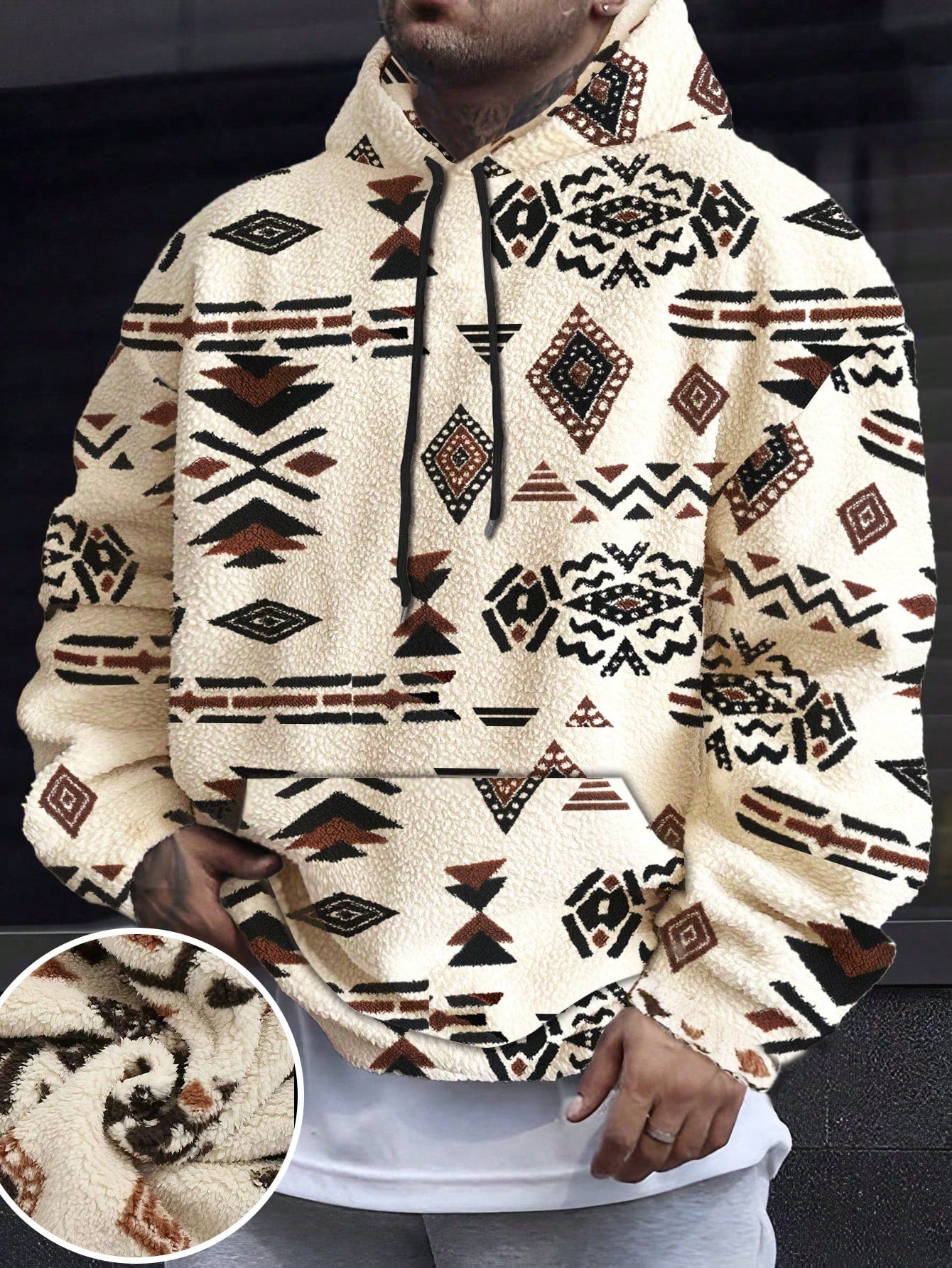 Men'S Totem Print Hooded Sherpa Fleece Sweatshirt