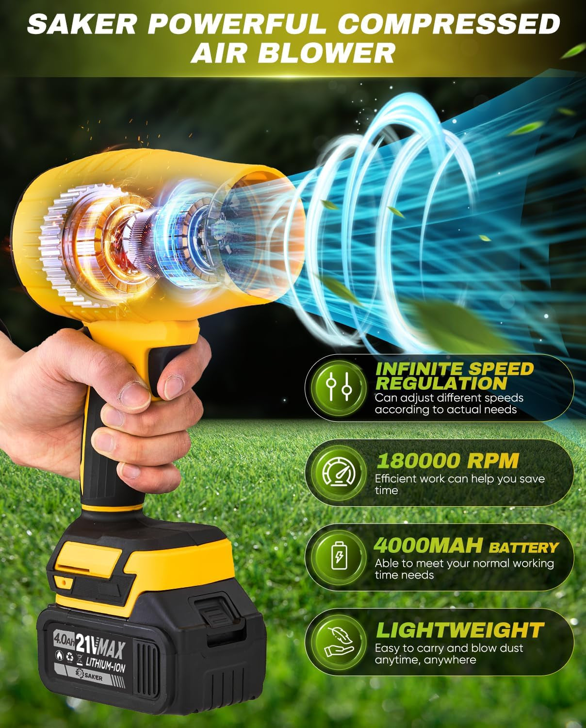 Cordless Leaf Blower Portable Dust Cleaner Handheld Blowers 180000 RPM with Adjustable Speed for Patio Cleaning Drying Camping 2 Batteries Yellow