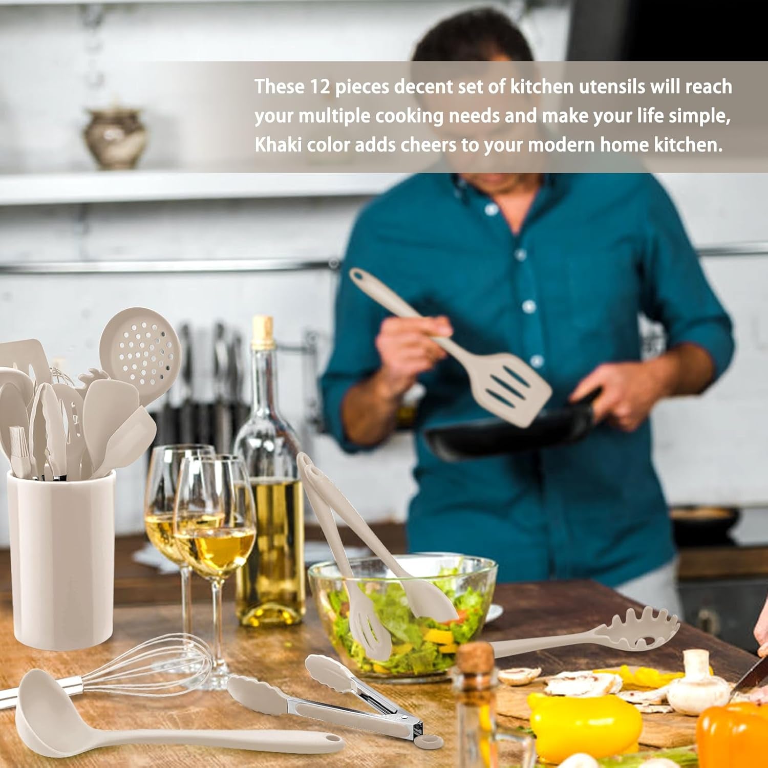 Kitchen Utensil Set,  12 Piece Cooking Utensils Set with Holder, Heat Resistant Kitchen Tools Include Spoons Turner Spatula for Non-Stick Cookware, Khaki