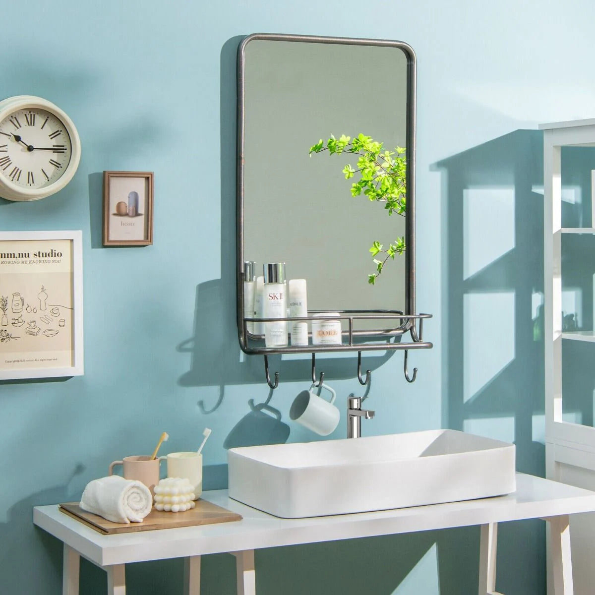 Rectangular Wall-Mounted Bathroom Mirror with Integrated Storage Shelf and Hooks System