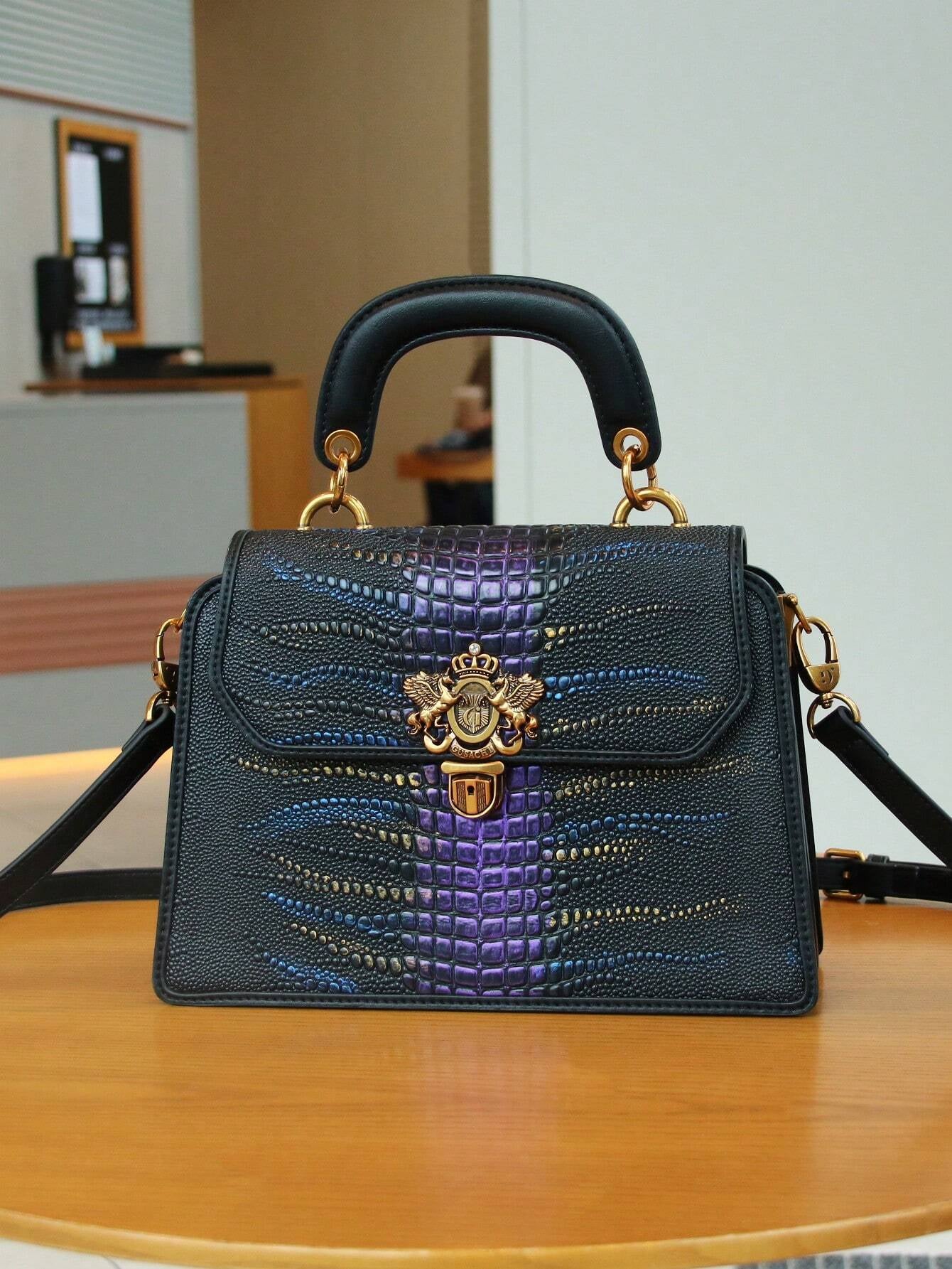 Luxury Custom 2025 New Vintage Women'S Handbag, Fashion Elaborate Luxurious Blue & Gold Snake Print Lock Ornament Tote Bag, Mature Style Shoulder & Crossbody Bag, Detachable Handle