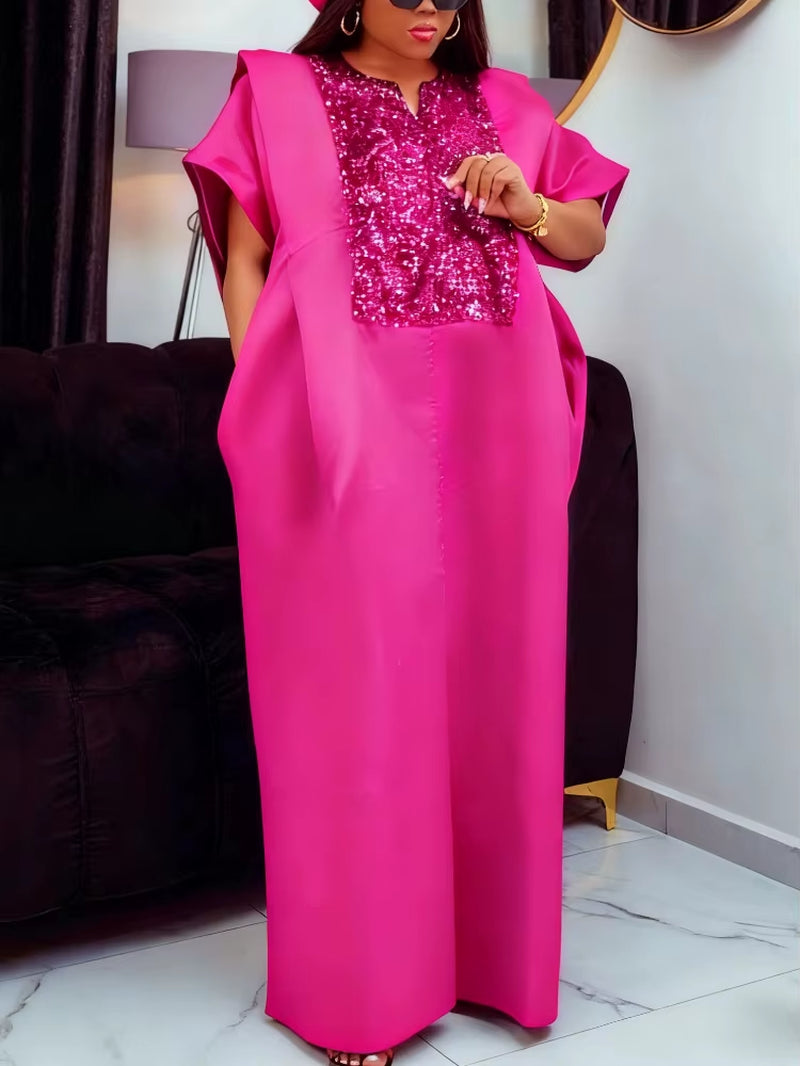 African Shiny Bubu Dresses for Women Patchwork Sequined Elegant Christmas Traditional Africa Long Loose Party Gowns New Event