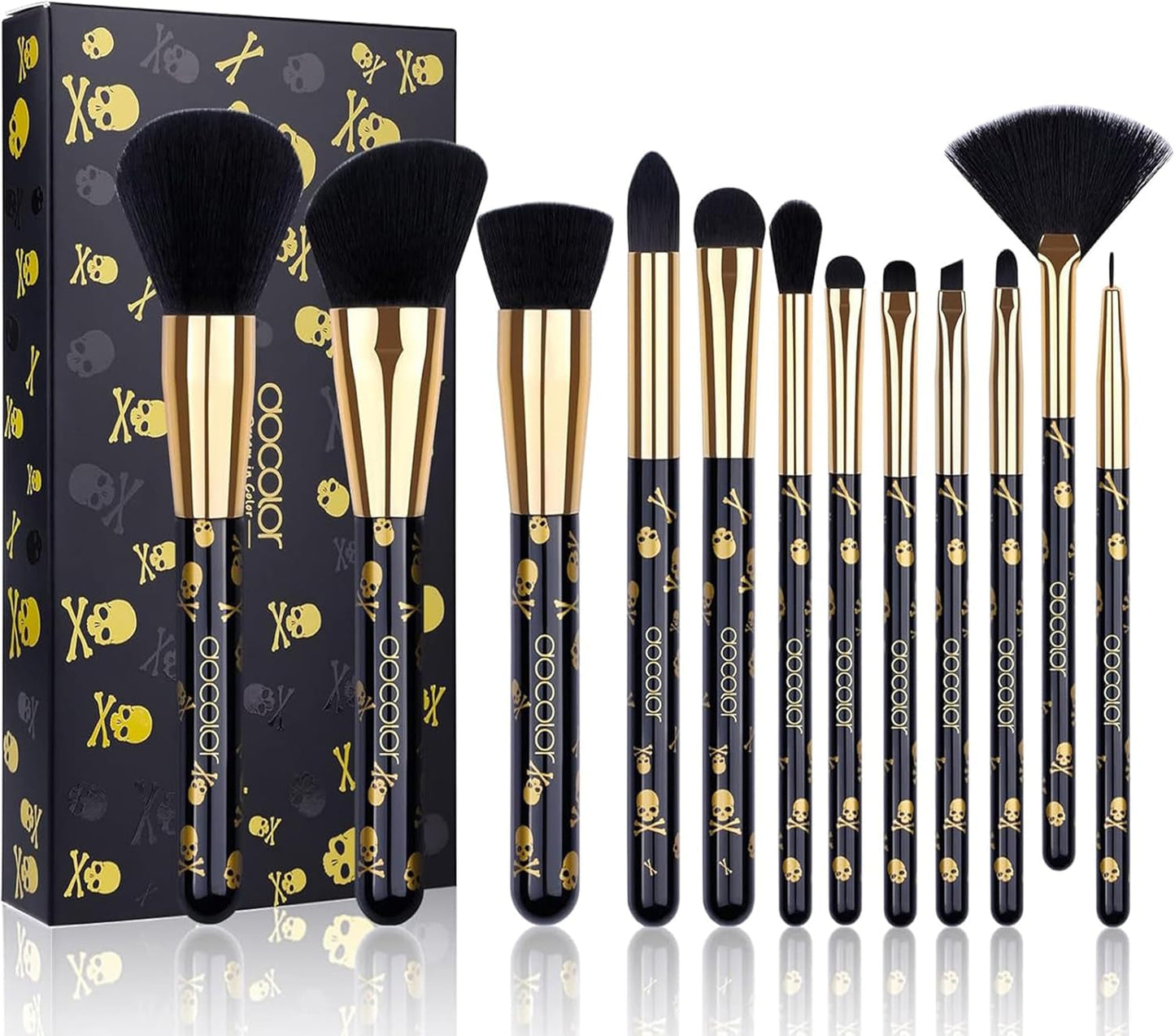 Makeup Brush Set 12Pcs Skull-Print Makeup Brushes Premium Synthetic Powder Foundation Contour Blush Concealer Eye Shadow Blending Liner Makeup Brush Sets