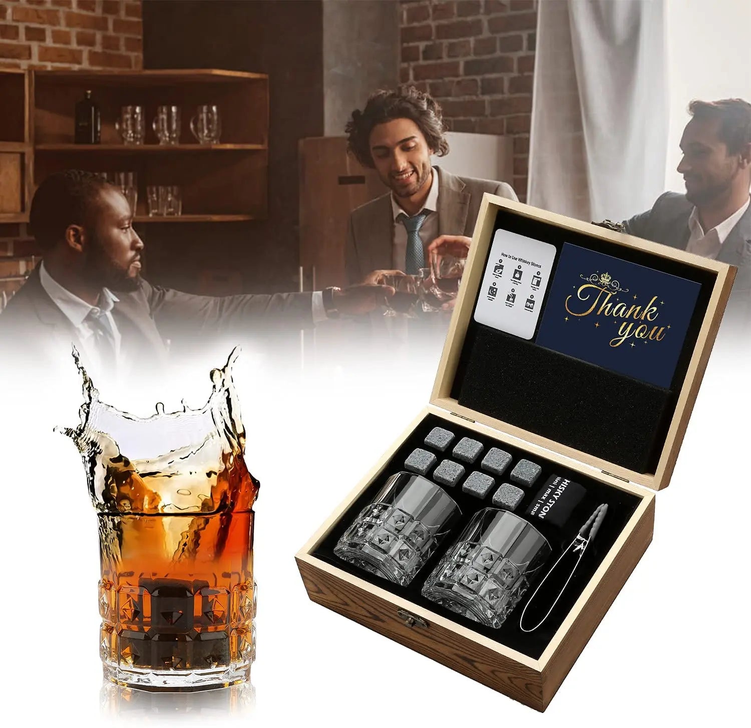 Whisky Stones Glasses Gift Set,Velvet Bag for Drinking Scottish Whiskey or Gin, Wooden Box Present for Christmas/Birthday