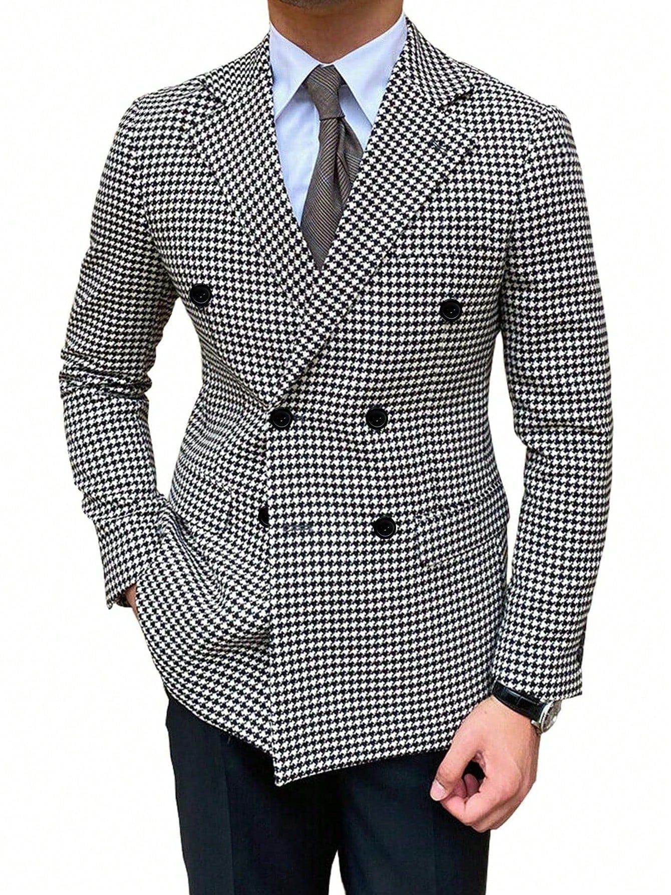 I Finelong Fashionable Casual Houndstooth Patterned Suit Jacket for Men, Suitable for Commuting and Going Out