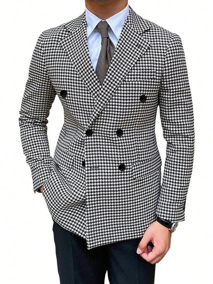 I Finelong Fashionable Casual Houndstooth Patterned Suit Jacket for Men, Suitable for Commuting and Going Out