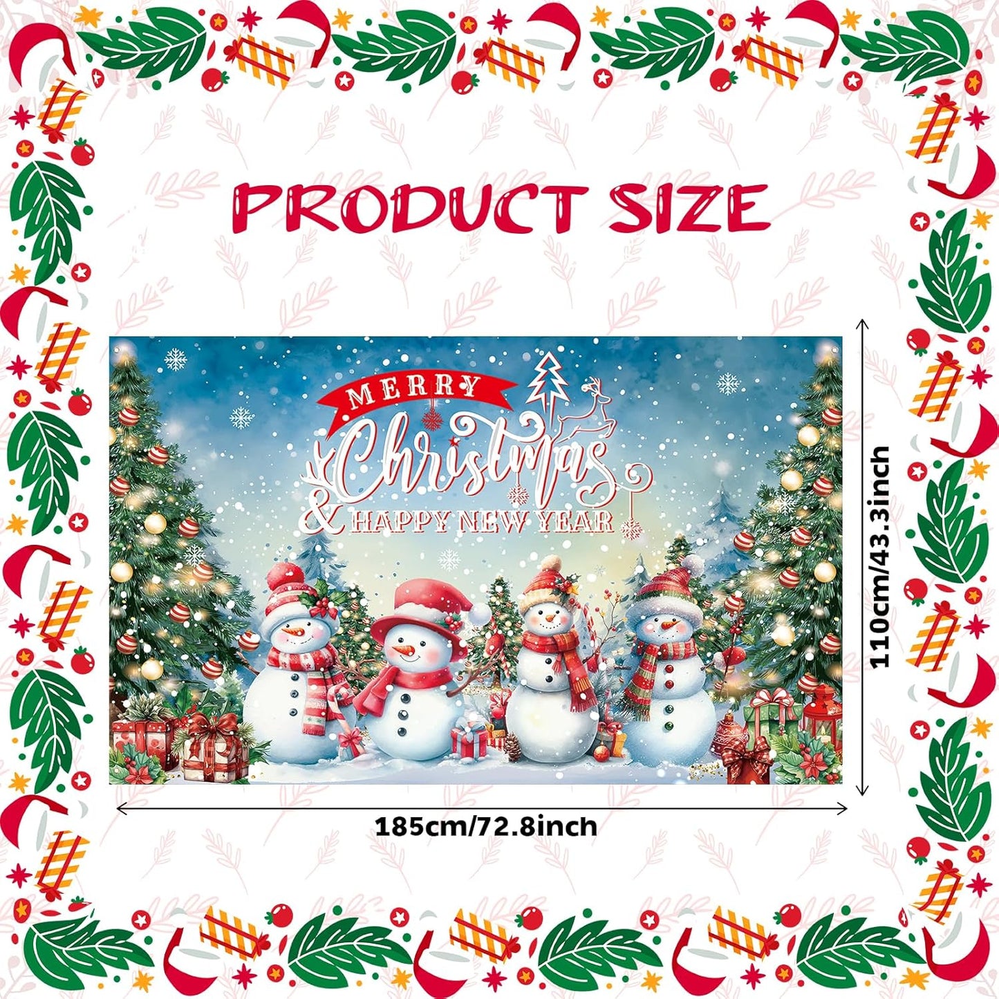 Large Christmas Banner Backdrop, Snowman Merry Christmas Banner Indoor Xmas Photography Background Party Decoration for Xmas New Year Party Photo Booth Wall Hanging Decor, 72.8 X 43.3 Inch