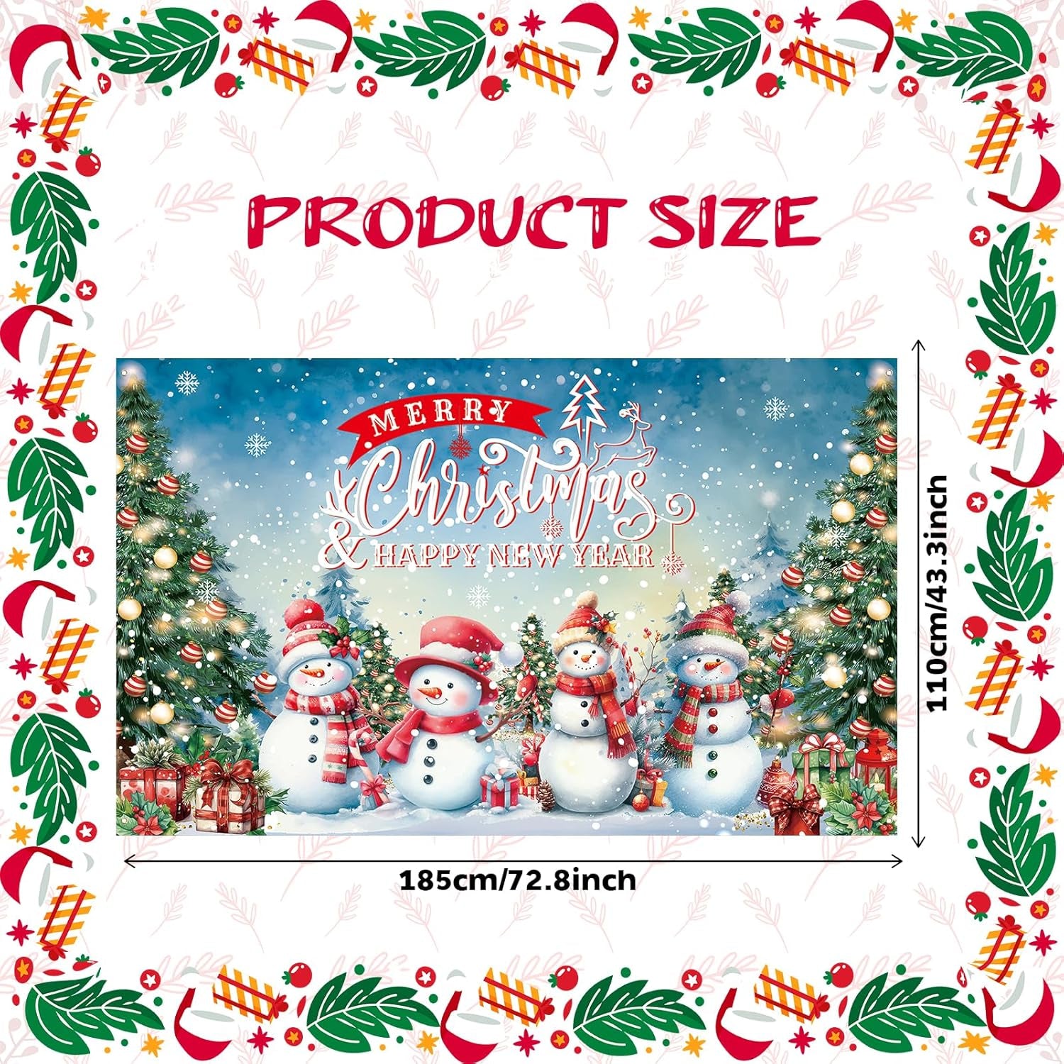Large Christmas Banner Backdrop, Snowman Merry Christmas Banner Indoor Xmas Photography Background Party Decoration for Xmas New Year Party Photo Booth Wall Hanging Decor, 72.8 X 43.3 Inch