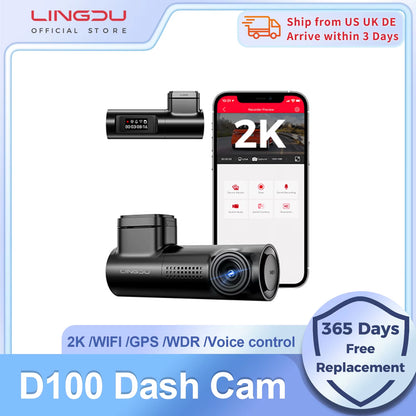 D100 2.5K 1440P Dash Camera with WiFi, Built-in GPS, Smart Voice Control, 24-Hour Parking Monitoring, and WDR Night Vision