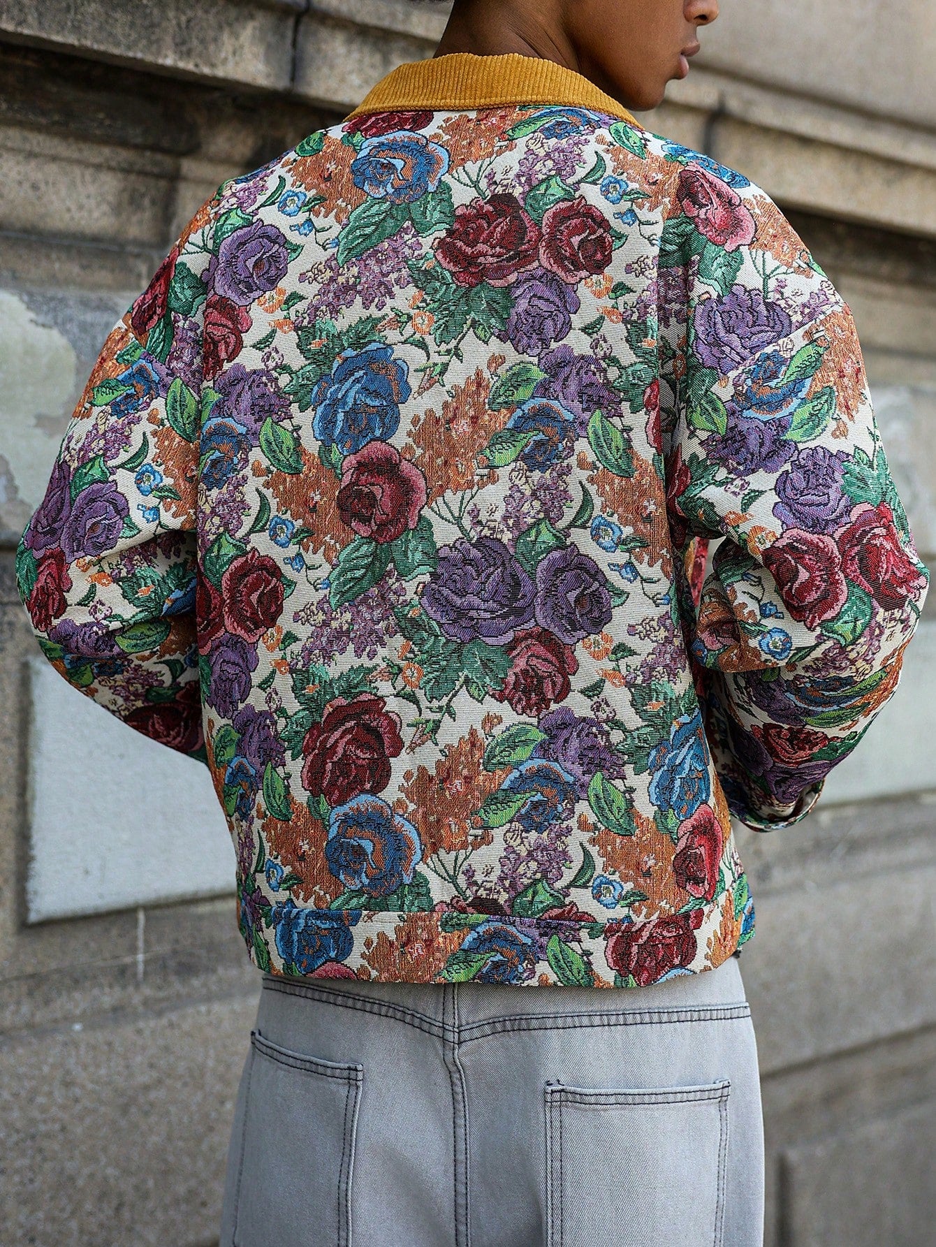 Manfinity Homme Men Hawaiian Print Floral Pattern Jacquard Jacket Summer Outerwear, Street Fashion Colorful Pattern Rave Long Sleeve Jacket, Gift for Friends, Husband, Boyfriend