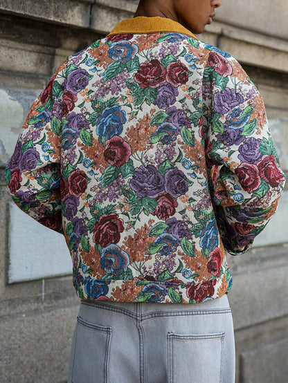 Manfinity Homme Men Hawaiian Print Floral Pattern Jacquard Jacket Summer Outerwear, Street Fashion Colorful Pattern Rave Long Sleeve Jacket, Gift for Friends, Husband, Boyfriend