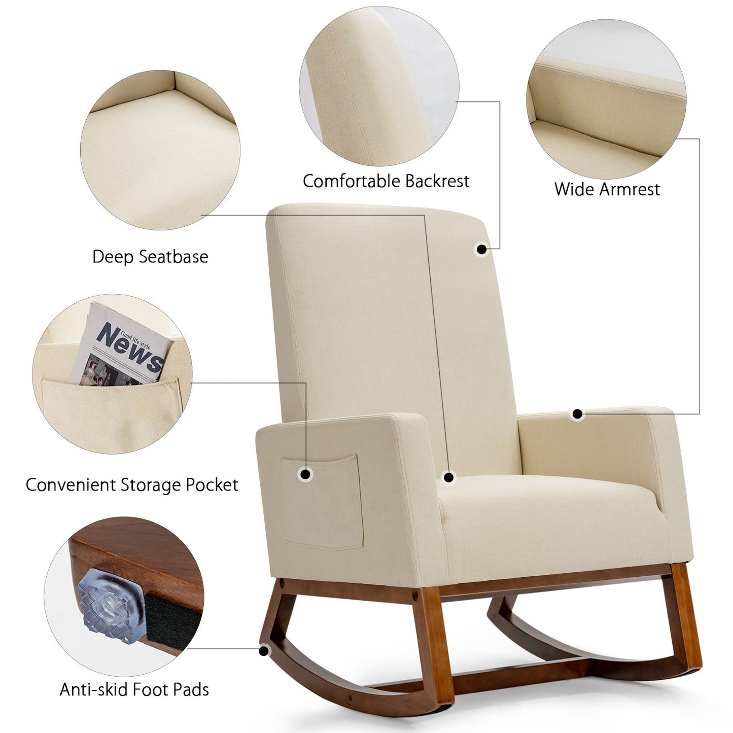 Upholstered Fabric Armchair with Rubberwood Base