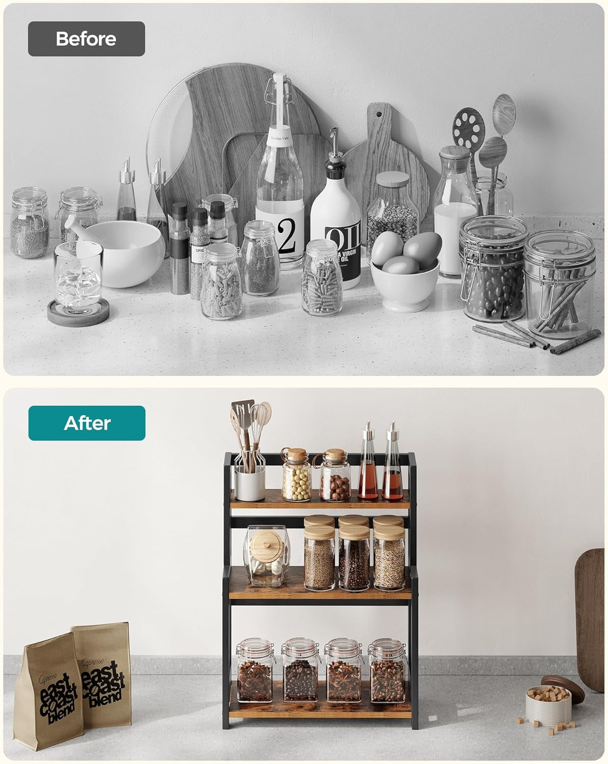Spice Rack, 3 Tier Storage Rack, Desktop Organizer, Bamboo Frame, for Kitchen, Dining Room, Office, Rustic Brown and Black OFS047B01