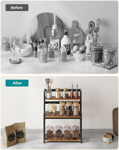 Spice Rack, 3 Tier Storage Rack, Desktop Organizer, Bamboo Frame, for Kitchen, Dining Room, Office, Rustic Brown and Black OFS047B01