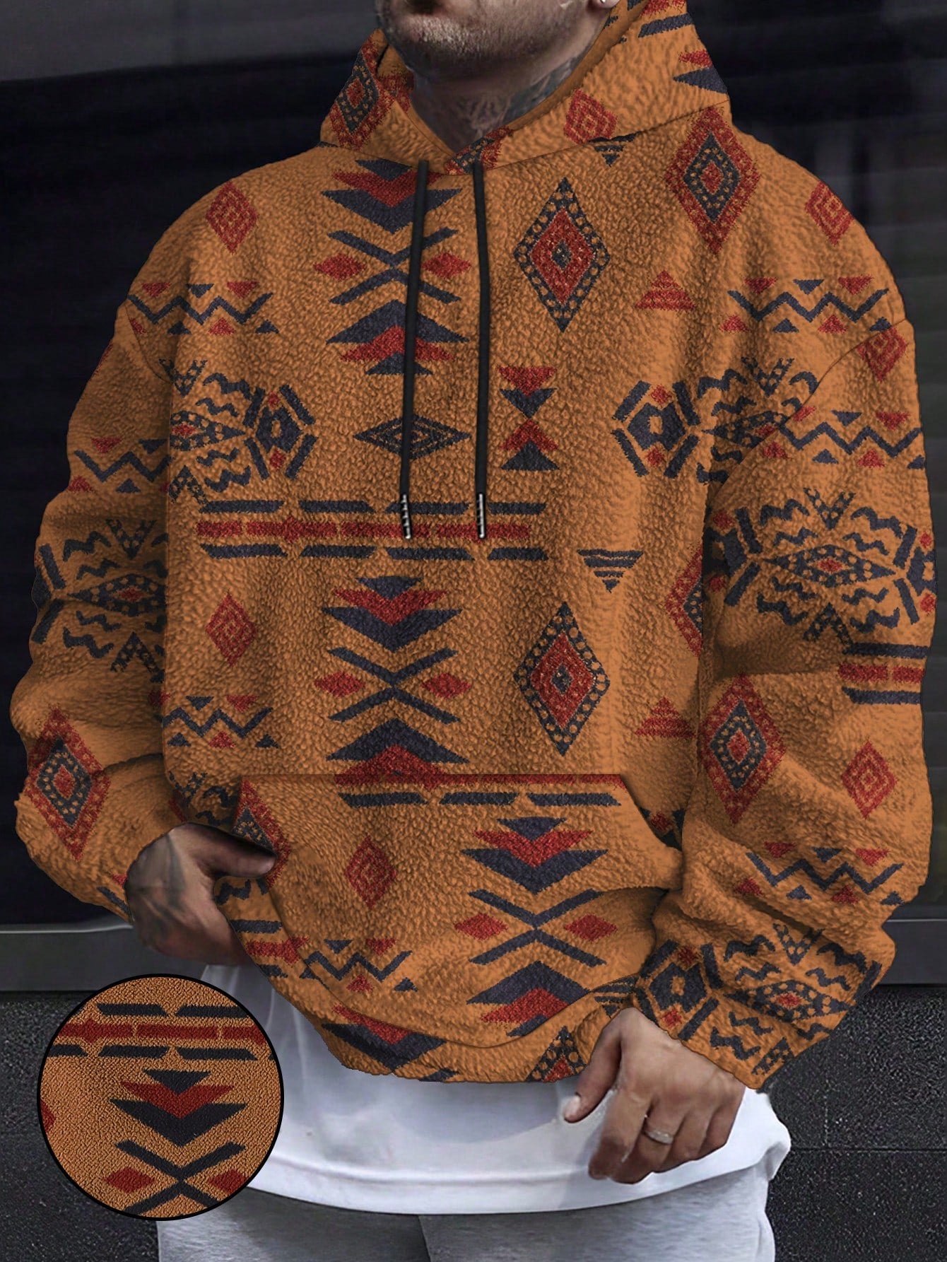 Men'S Totem Print Hooded Sherpa Fleece Sweatshirt