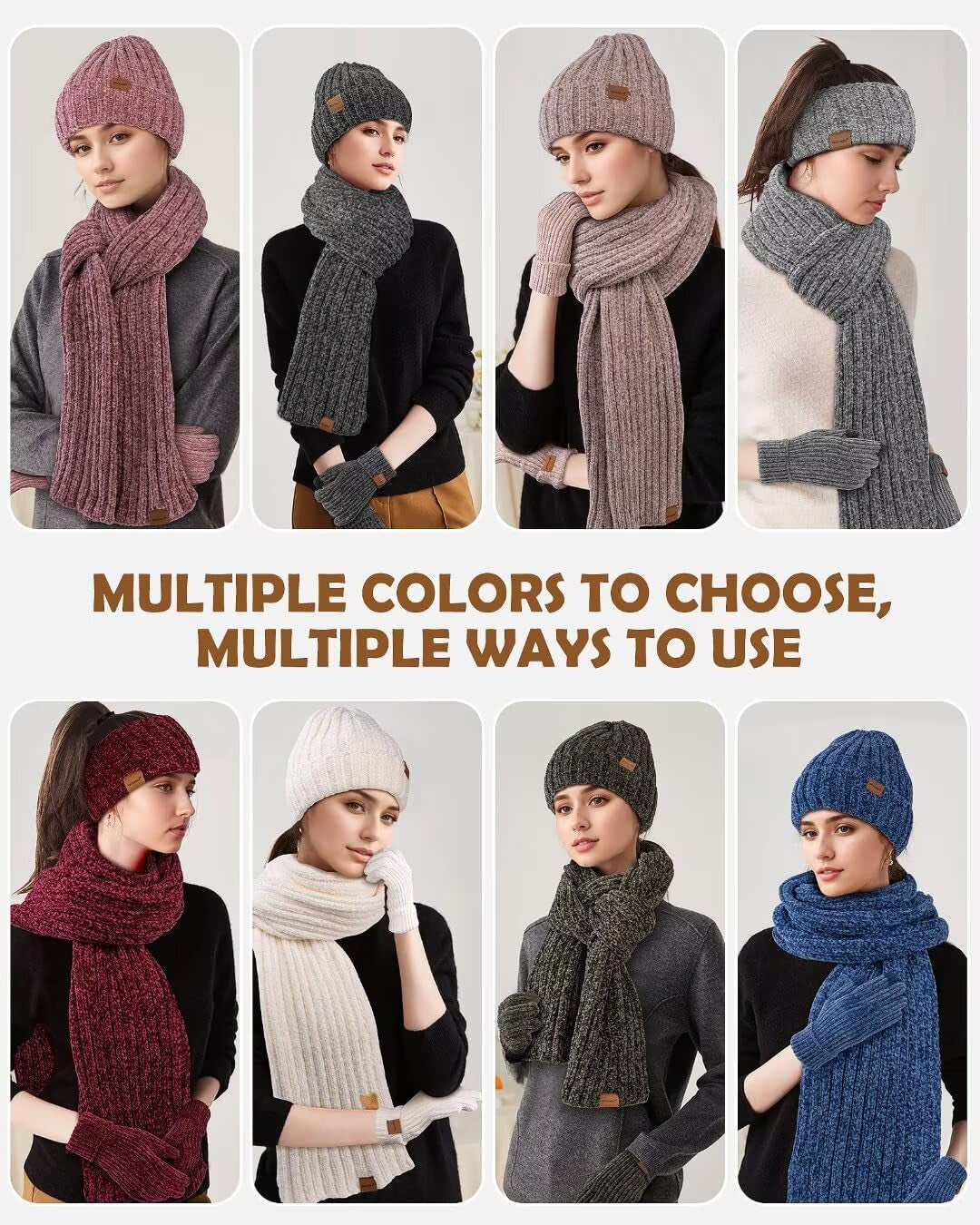 Headbands Hat Scarf and Gloves Set Ladies, Chenille Beanie Hat Women Fleece Lined Touchscreen Gloves Women Knit Scarf Ear Warmers 4 in 1 Cold Weather Gift Set