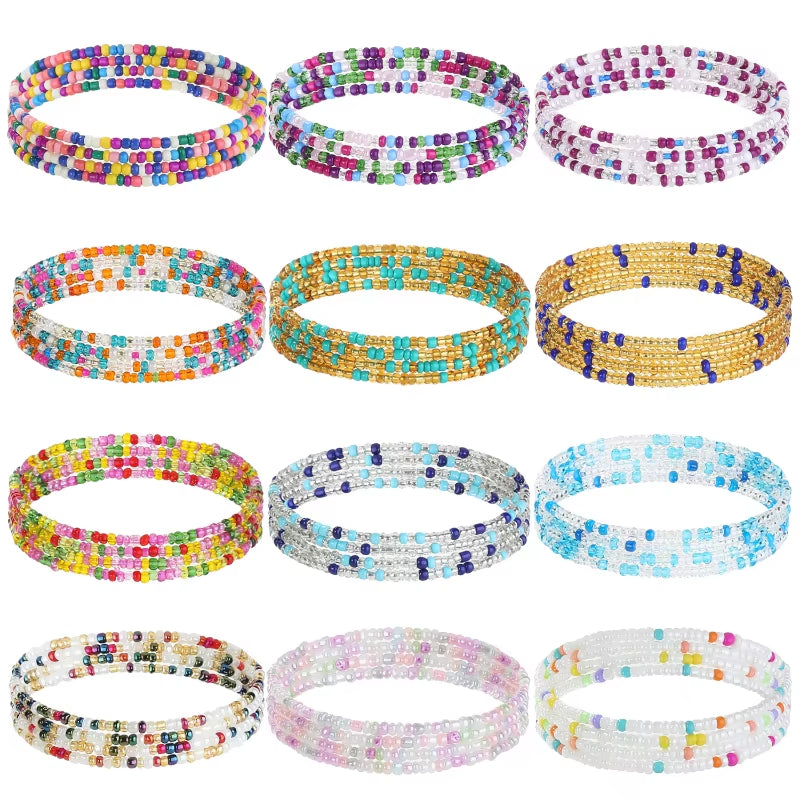 12 Pieces 50Inch Waist Beads Set Summer Handmade Colorful African Belly Bead Chain plus Size Body Jewelry Stretching Belly Chain