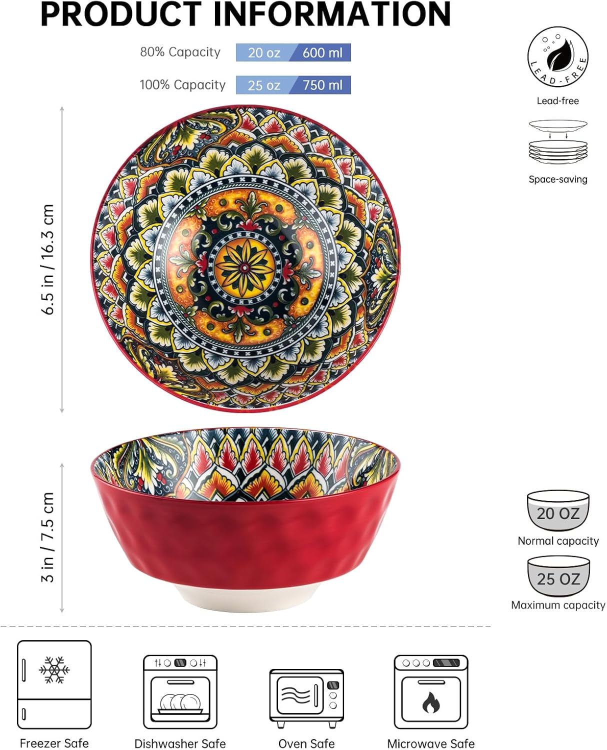 Cereal Bowls, Bowls Set of 6-25 OZ, Porcelain Bowl for Cereal/Soup/Noodles/Poke/Pho/Fruit, Boho Dishes - Vibrant Colours Soup Plates