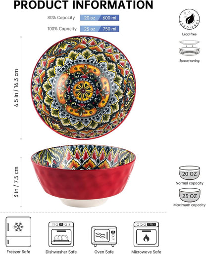 Cereal Bowls, Bowls Set of 6-25 OZ, Porcelain Bowl for Cereal/Soup/Noodles/Poke/Pho/Fruit, Boho Dishes - Vibrant Colours Soup Plates