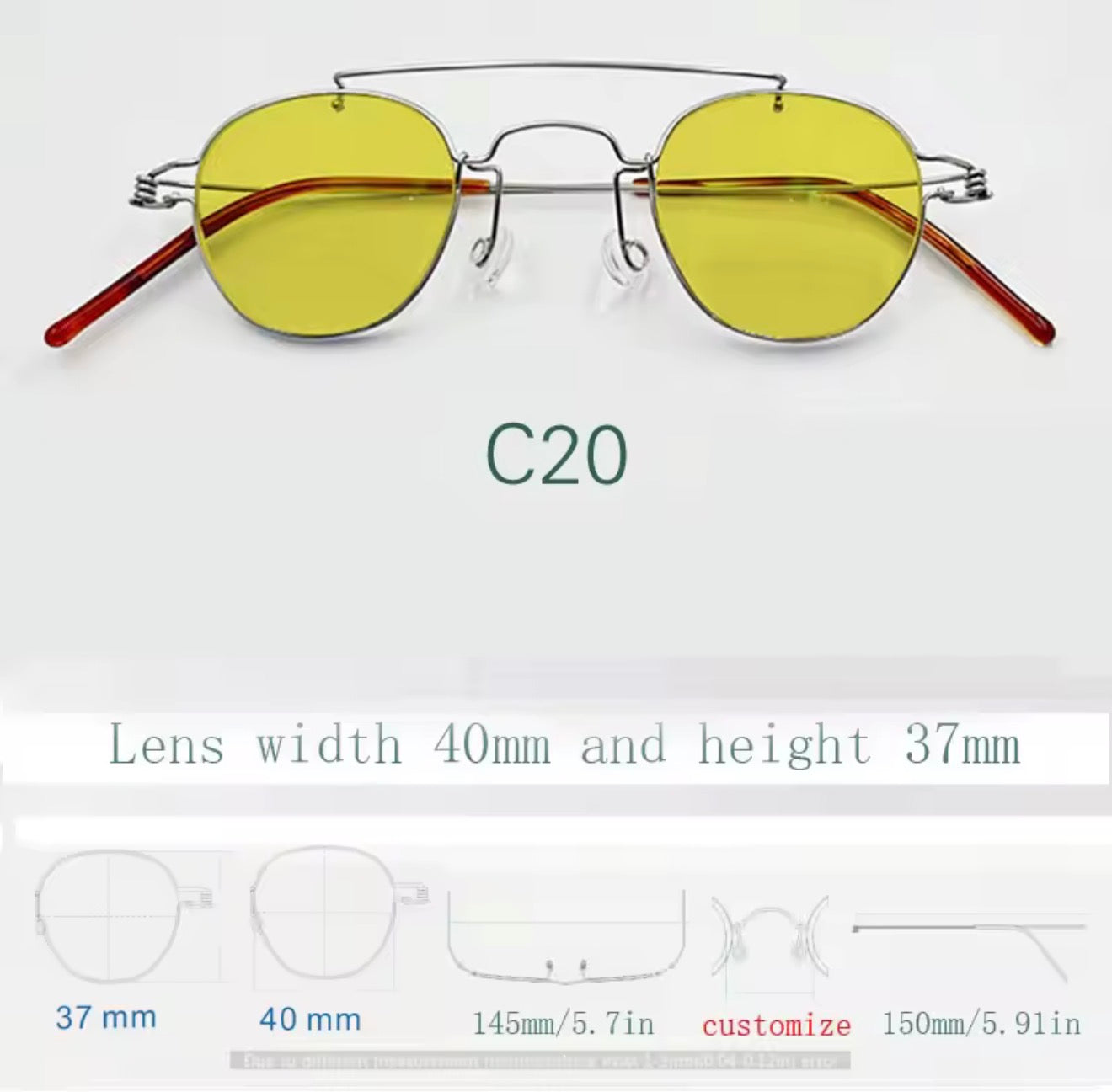 Retro style handmade screw free UV400 polygonal sunglasses ultra light vintage fashion double nose bridge sunnies