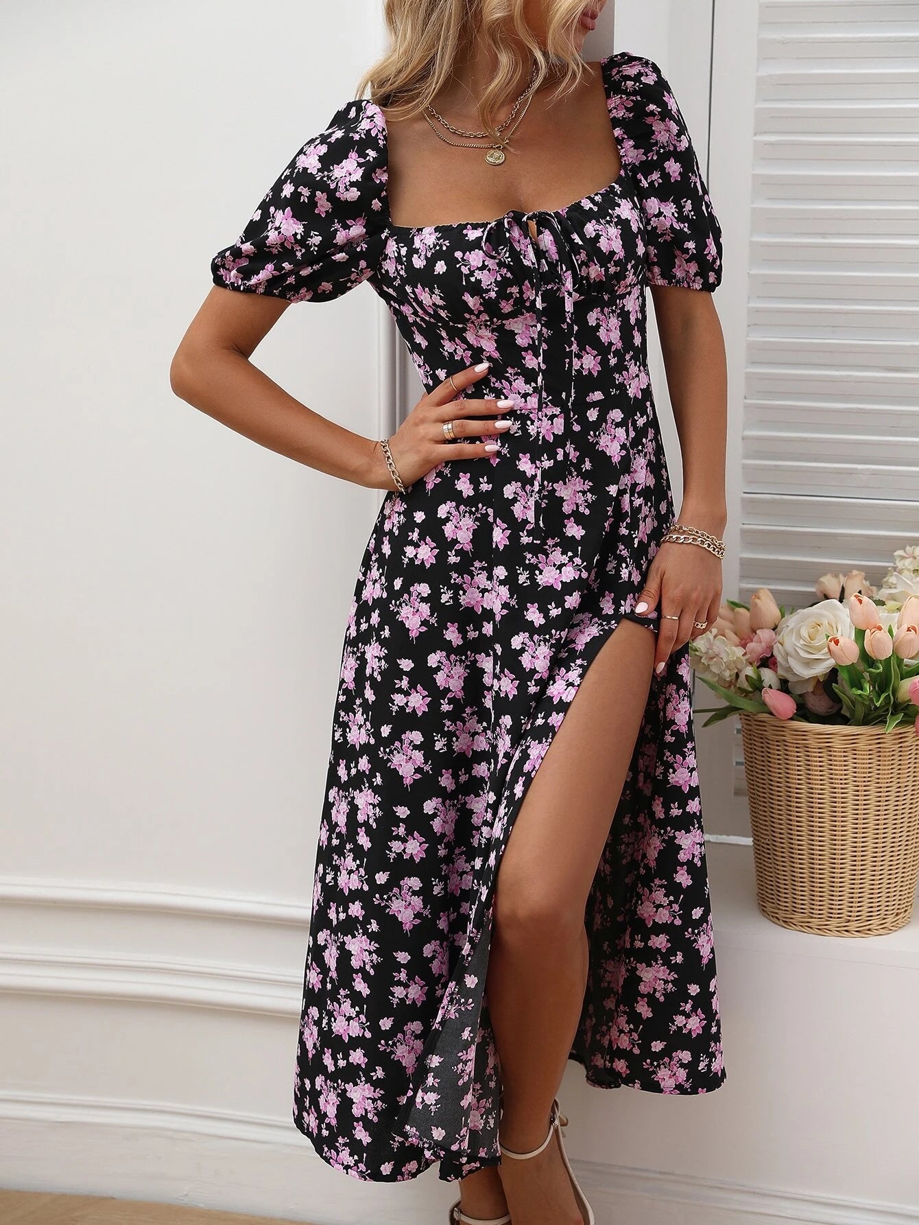 Women's Floral A-Line Maxi Dress with Split Thigh for Holiday Beach Getaways