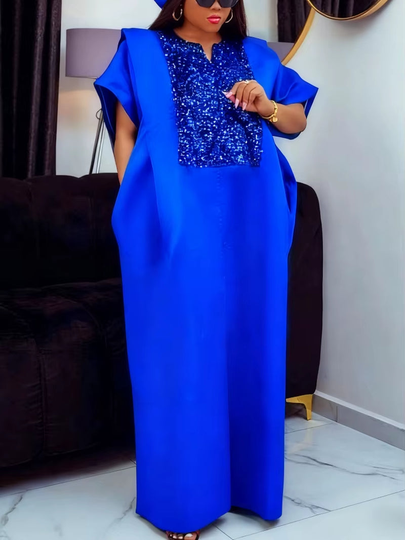 African Shiny Bubu Dresses for Women Patchwork Sequined Elegant Christmas Traditional Africa Long Loose Party Gowns New Event