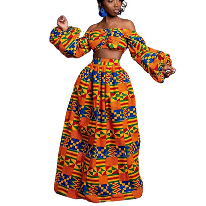 Women's Autumn 2-Piece Dashiki Print Dress Set with Off-Shoulder Full Sleeves and Split Skirt