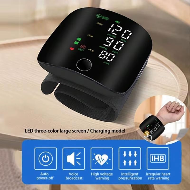 Automatic Wrist Blood Pressure Monitors with LCD Screen, Rechargeable Tonometer Wrist Cuff Digital Irregular Pulse Heart Rate Tensiometer, Automatically Broadcasts Values