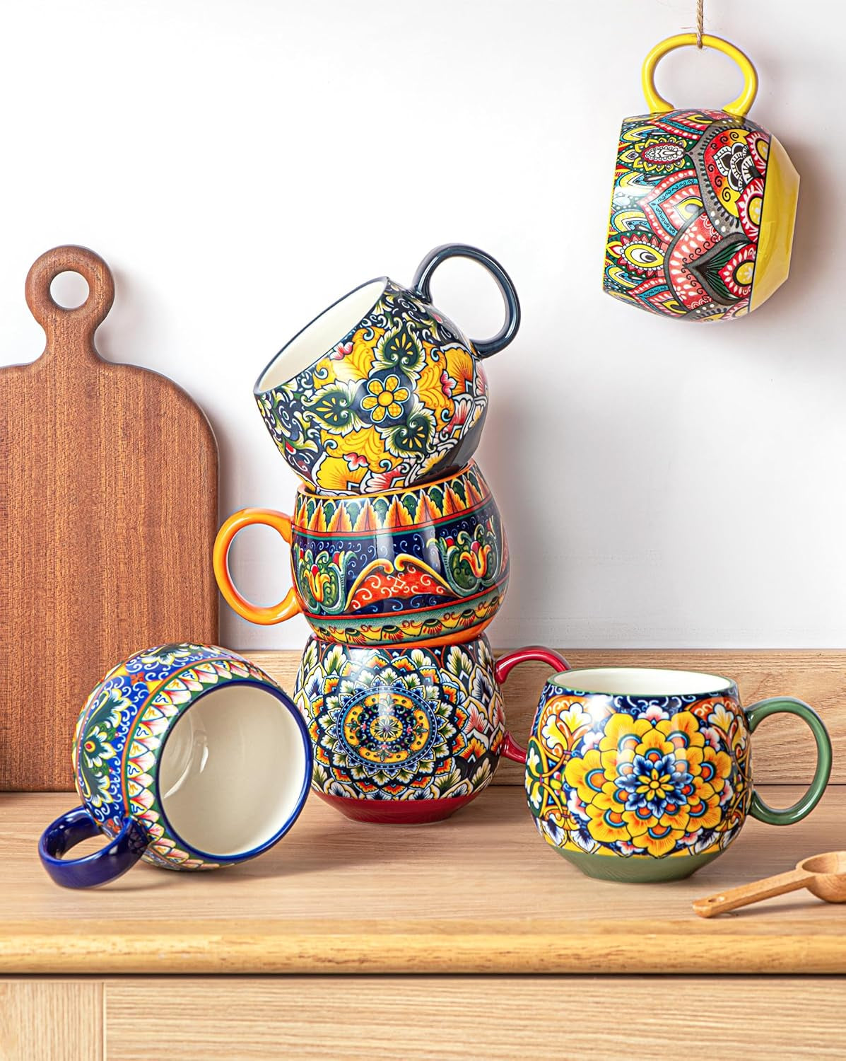 Porcelain Mug Set, Ceramic Cappuccino Cups/Mug Set - 600 Ml, Crockery Cup Mug for 6 People, Coffee Mug Set - Bohemian Style