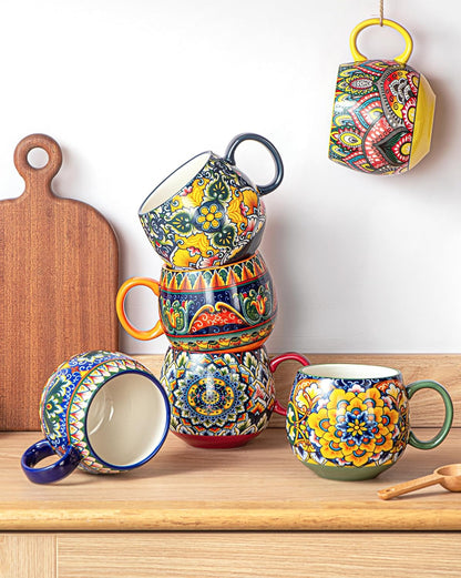 Porcelain Mug Set, Ceramic Cappuccino Cups/Mug Set - 600 Ml, Crockery Cup Mug for 6 People, Coffee Mug Set - Bohemian Style