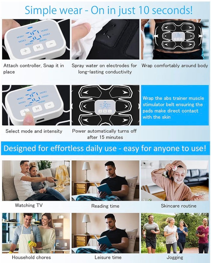 ABS Trainer EMS Muscle Stimulator 6 Modes 30 Intensity Levels