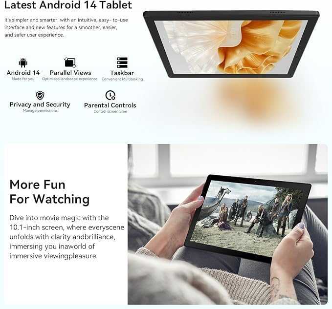 Ryesug 10 Inch, Android 14 Tablet 10GB RAM + 64GB ROM TF 1TB Expand, Widevine L1, Wifi6, BT5.3, 5MP+8MP Camera, 5000Mah, Facial Recognition, Dynamic Halo, Black