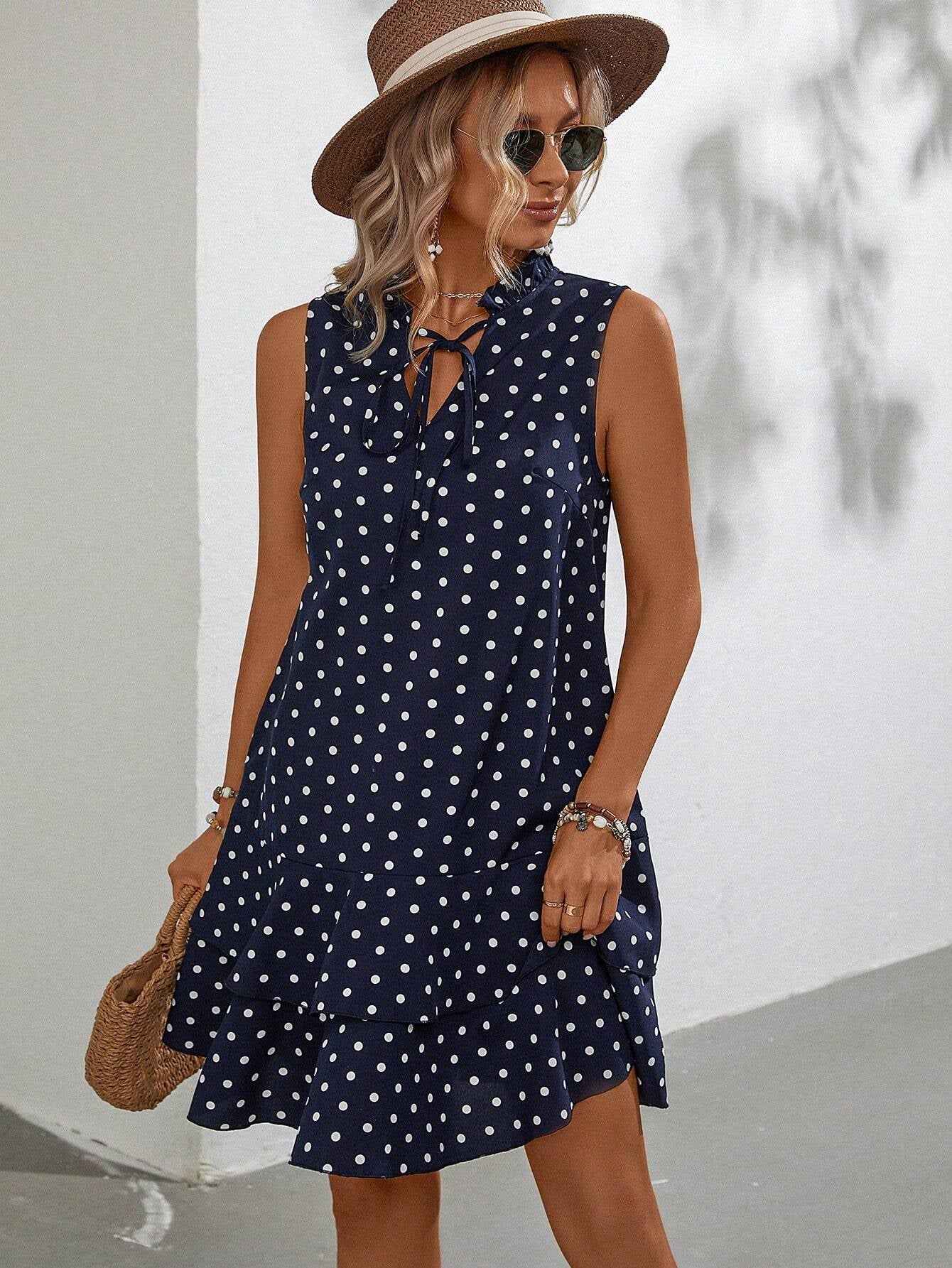 Emery Rose Polka Dot Tie Neck Ruffle Hem Smock Dress