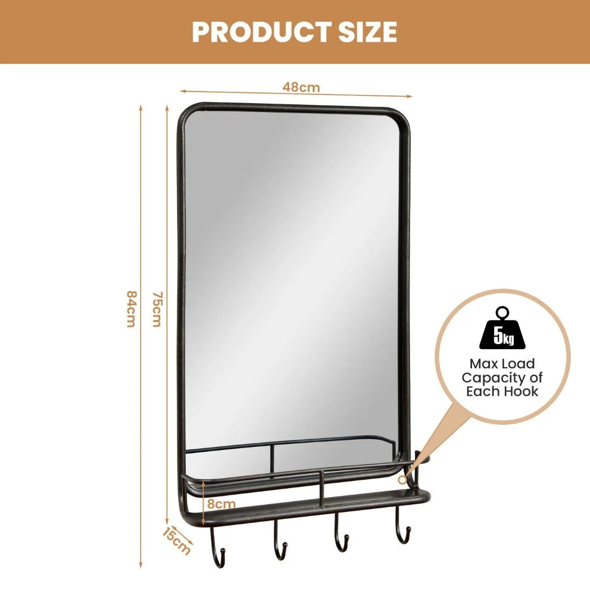 Rectangular Wall-Mounted Bathroom Mirror with Integrated Storage Shelf and Hooks System